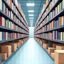 Warehouse shelves stocked with books